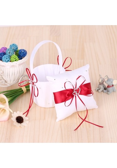 Novahub Şık Düğün Seti: Beyaz Kurdeleli Çiçek Sepeti, Yüzük Yastığı, 15x15x5, 22.5x13x12, Renk: Beyaz/mavi/mor/kırmızı Diğer