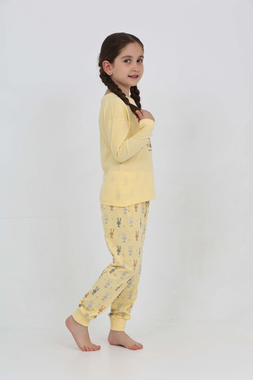 Toontoy Kız Çocuk Tavşan Baskılı Pijama Takım Sarı