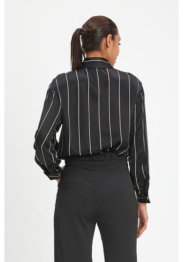 Kadın Çizgili Gömlek - Klasik Yaka Ve Düğme Detaylı Modern Tasarım Siyah