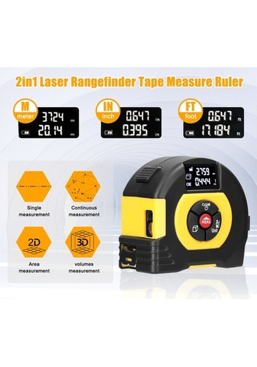Pazly Usb Şarjlı 2 Si 1 Arada Lazerli Mesafe Ölçer, Şerit Metre, Alan & Hacim Hesaplama, Tarihsel Veri Hafızası