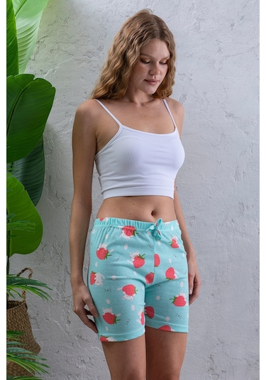 Giysa Kadın Beli Lastikli Desenli Şort Pijama Altı Turkuaz - 2027 Turkuaz