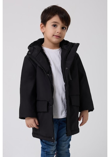 Erkek Çocuk Kürklü Su Ve Rüzgar Geçirmez Kapüşonlu 3 Kışlık Mont & Kaban & Parka Siyah