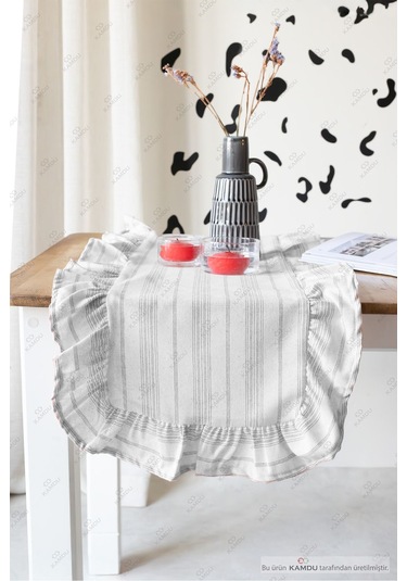 Siyah Süprem 40x125 Cm Vintage Fırfırlı %100 Keten Pamuklu Amerikan Runner Bej