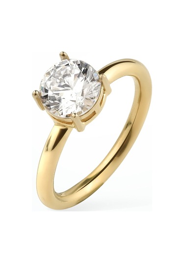 14 Ayar Altın Kaplama Yuvarlak Kesim Tektaş Gümüş Yüzük - Rs00101 Altın