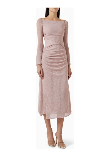 Eegen Studio Boat - Neck Midi Elbise - Rib - Knit, Uzun Kol & Toplanmış Bel Pembe