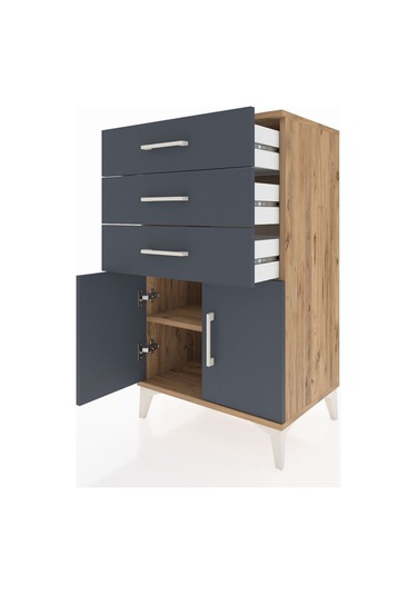 Hyperion Komodin Tek Raflı 3 Çekmeceli 2 Kapaklı 60x44x106 Çam-antrasit Atlas Çam