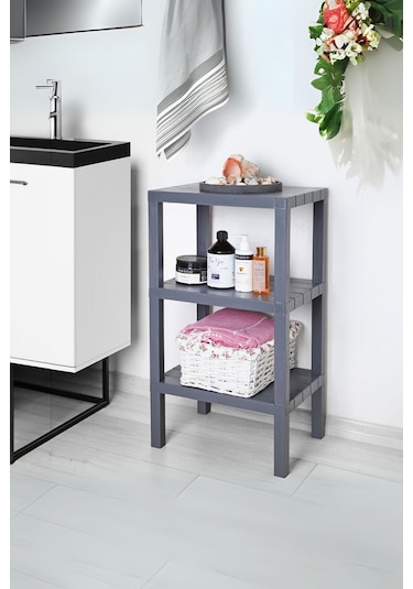 3 Katlı Dikey Raf Düzenleyici Plastik Raf Ünitesi Siyah, Kitaplık Gri