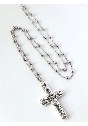 Top Zincirli Bombe İşlemeli Haç Tasarım Gümüş Erkek Kolye