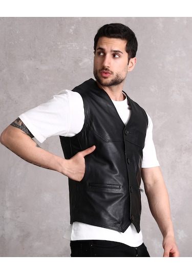 Hakiki Deri Yelek Yandan Cepli Erkek Siyah