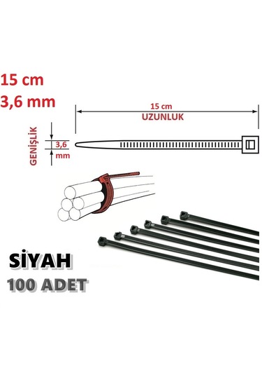 100 Adet 15cmx3,6mm Siyah Plastik Cırt Kelepçe Kablo Bağı