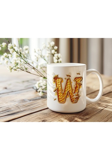W Harfi Bal Arısı Tasarım Kupa Bardak - Bal Ve Petek Desenli Kişiye Özel Kahve Kupası - Hediyelik Beyaz