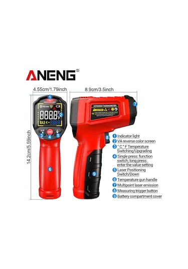 Boatshop1 Aneng Th203 Siyah Endüstriyel Kızılötesi Termometre Higrometre -50 600 Lazer Hedefleme Lcd Ekran Yüksek Hassasiyet
