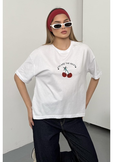 Giysa Kadın Kiraz Baskılı Pamuklu T-shirt Beyaz - 26y 26519