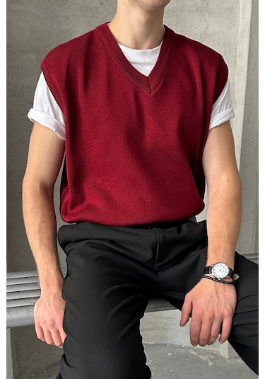 Erkek V Yaka Oversize Süveter Bordo