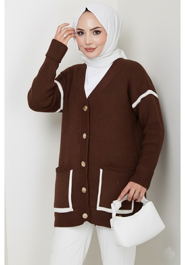İlge Düğmeli Triko Hırka 1597 - Kahve Kahve