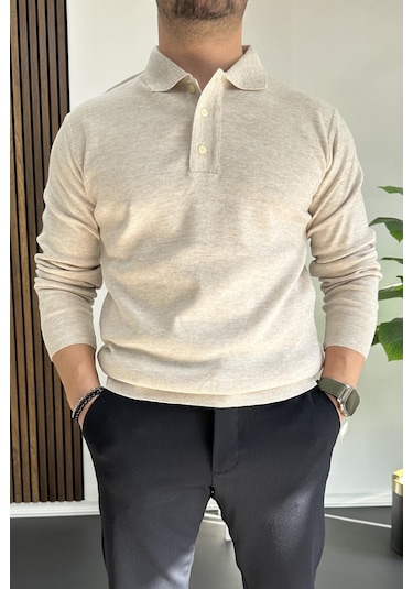 Erkek Düğmeli Polo Yaka Kazak Bej Edw231 Bej