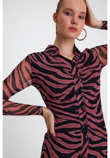 Quhox Kadın Zebra Desenli Elbise Fuşya