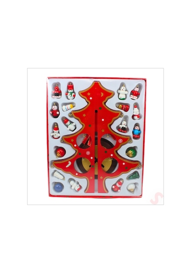 20 Parça Süslü Ahşap 27cm Mini Yılbaşı Ağaç Seti - Kırmızı