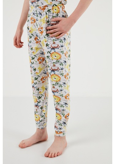 Lela Desenli % 100 Pamuk Bisiklet Yaka Erkek Çocuk Pijama Takımı 6651003 Ekru-Sarı