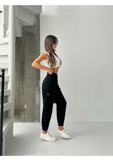 Kadın Paça Lastik Kargo Cep Keten Mom Pantolon Siyah