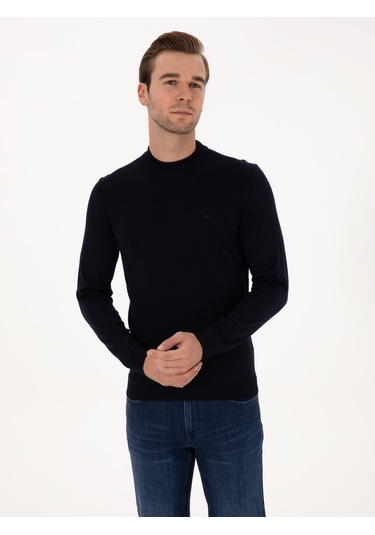 Cacharel Lacivert Slim Fit Yün Karışımlı Çeyrek Balıkçı Basic Triko Kazak