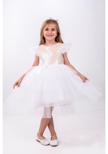 Beyaz Pullu Kız Çocuk Parti Elbisesi