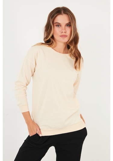 Lela Pamuklu Regular Fit Bisiklet Yaka Basic Bayan Sweat 5863569 Taş