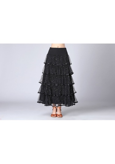 Sones Pullu Salıncak Modern Dans Uzun Etek Yarışma Kostümü Siyah