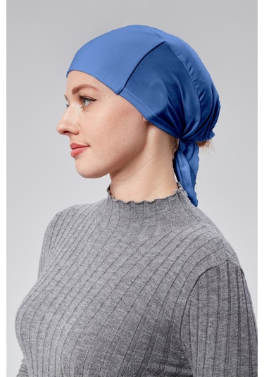 Kadın Tesettür Likralı Penye Dikişsiz Kaymaz Düz Bağlamalı Bone Açık Kot