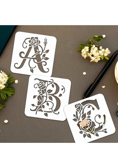 Kaligrafi Harf Şablonları 26 Parça 10x10cm-çiçek Harf Şablonu, Boyama Sticker