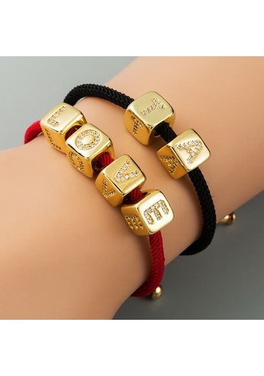 Fastbuy İngilizce Mektup Boncuk Bilezik Pirinç Mikro Kakma Çift Kırmızı Dize Çekme L Stil Çok Renkli Takı Çok Renkli