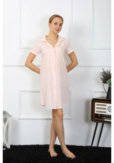 Giyim Kadın Pamuk Keten Kısa Kol Düğmeli Pudra Tunik Gecelik Pudra