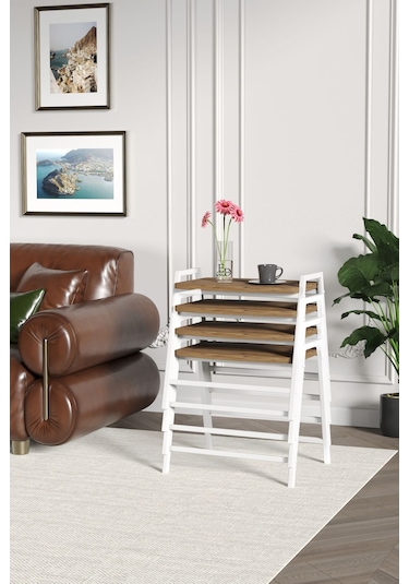 Zigon Sehpa , Aden 4'lü Tepsi Zigon Sehpa Takımı Beyaz Metal - Atlantik Çam Tabla Beyaz-atlantik Çam