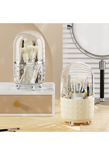 Symbee Plastik Döner Makyaj Fırçası Kutusu - 6 Bölmeli, Kapaklı, Toz Koruyucu, Masaüstü Organizer Şeffaf Gümüş Şeffaf