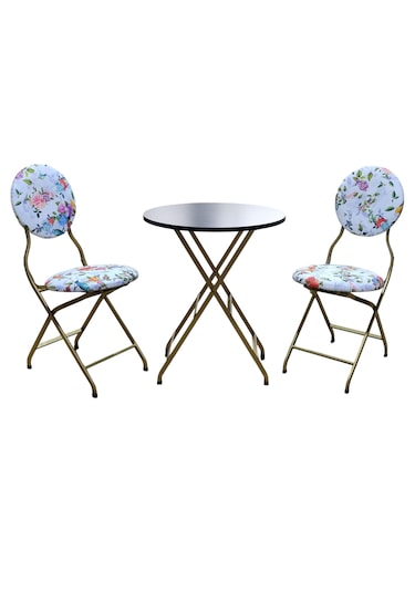Katlanabilir Beyaz Gül Ve Kuş Gold Metal Masa Ve Sandalye Takımı