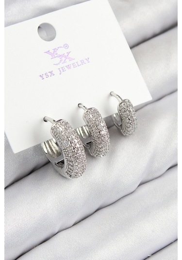 Pirinç Zirkon Taşlı 3'lü Halka Model Gümüş Renk Kadın Küpe Çok Renkli