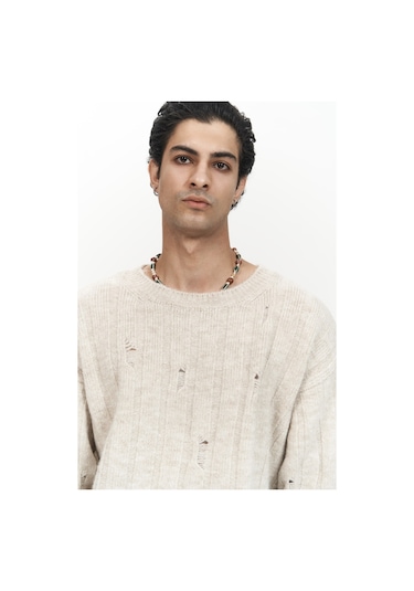 Vincent Yırtık Detay Bej Erkek Triko Kazak Bej