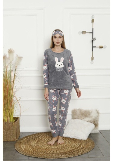 Kadın Uzun Kollu Alt Polar Üst Kışlık Pijama Takımı 02164 Füme