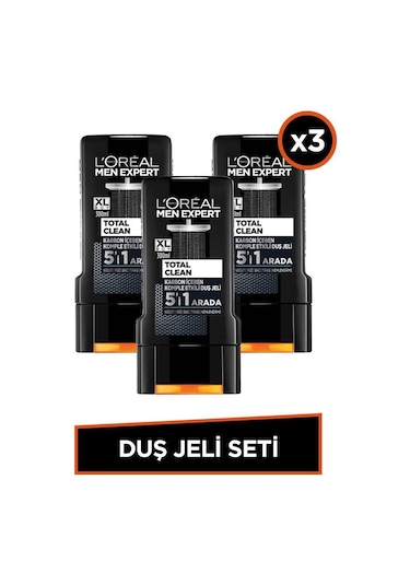 L'Oreal Paris Men Expert Total Clean 5'i 1 Arada Kömürlü Duş Jeli 3 x 300 ML