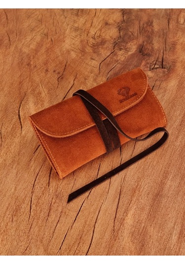 Kese Cüzdan Deri Ipli Çanta %100 Gerçek Süet Deri Taba