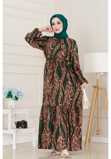 Sevitli Leopar Desenli Beli Tünelli Viscon Elbise-yeşil-5091 Yeşil