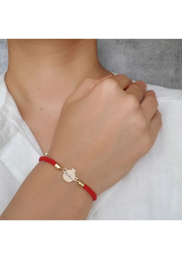 Vildan İsmine Özel İpek Örgülü 14 Ayar Altın Plakalı Nar Motifli Hediye Bileklik-323isim-kırmızı Altın