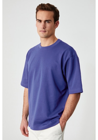 Grımelange Solo Erkek %100 Organik Pamuklu Kalın Dokulu Comfort Fit Bisiklet Yakalı İndigo T-shirt İndigo