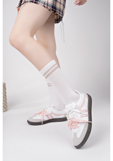 Muggo Retro Çift Bağcıklı Günlük Kadın Sneaker Spor Ayakkabı Pudra