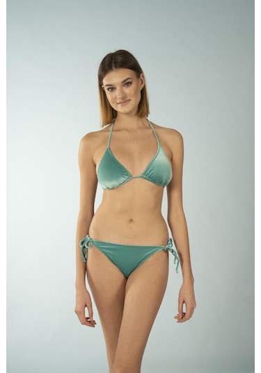 Estiva Parlak Üçgen İpli Bikini Takımı - Yeşil Kadife Çok Renkli