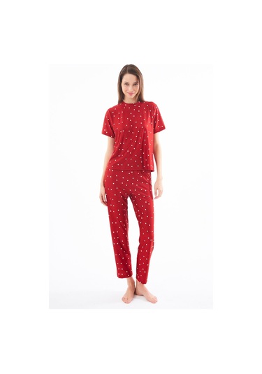Premium Kadın Pijama Takımı Kırmızı Kalp Desenli Yumuşak Dokulu Kısa Kollu Bisiklet Yaka Kırmızı