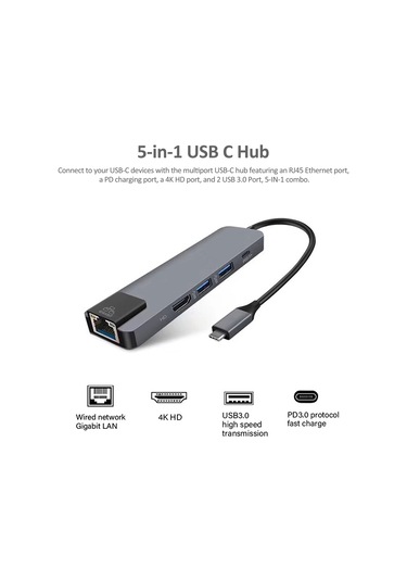 Singree 5'li Usb C Hub: 4k Hdmı, Rj45 Ethernet, Usb 3.0, Pd Şarj Portlu - Macbook Ve Diğer Type-c Cihazlar İçin