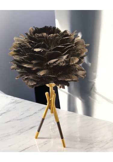 Tüylü Dekoratif Tripotlu 3'lü Ayaklı Abajur - Siyah Siyah