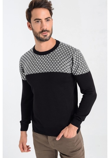 Heyss Bisiklet Yaka Petek Örgü Siyah-Ekru Erkek Triko Kazak Siyah