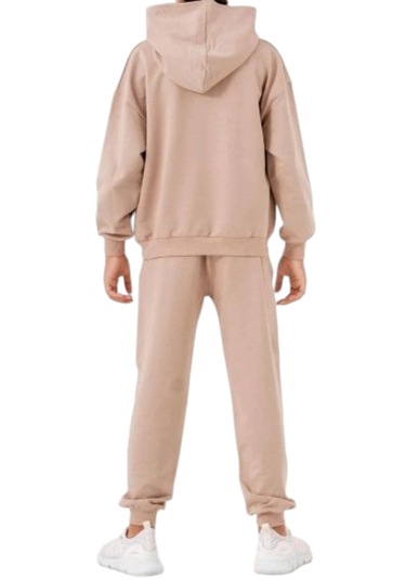 Erkek Çocuk Free Koordinat Yazılı Kapüşonlu Kanguru Cepli Bej Renk Eşofman Takımı Bej